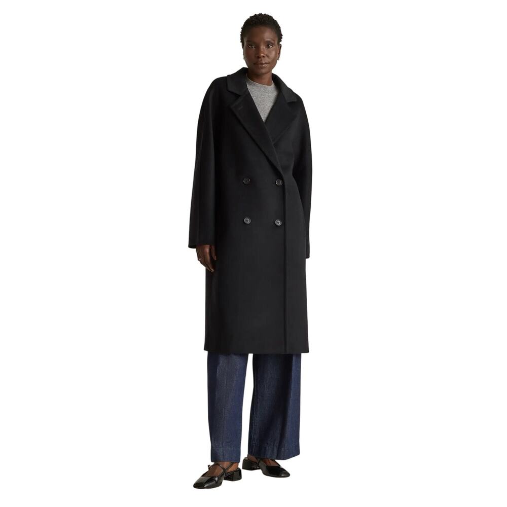 New Quince Women's XL Italian Wool Double-Breasted Slouch Coat Black $200 Retro